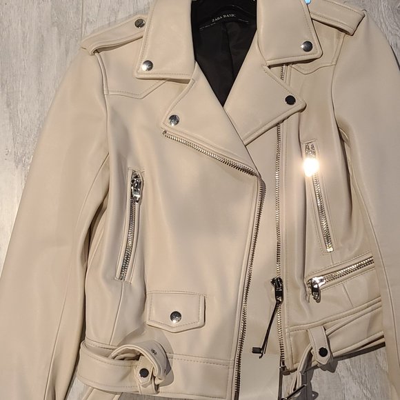 Nwt Zara faux leather biker moto jacket ecru size M - Picture 1 of 4